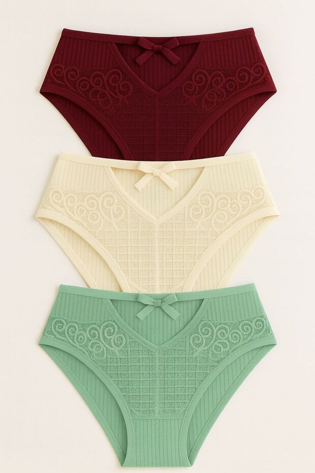 Front V-Shaped Lace, Back Perforated Ribbed Bikini 3-Piece Set (Note) Green Color Will Be Updated with the New Color, Sir.