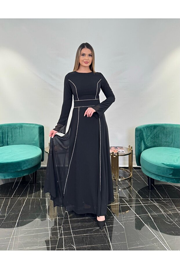3250 ŞERİT TAŞLI ŞİFON ELBİSE - 1