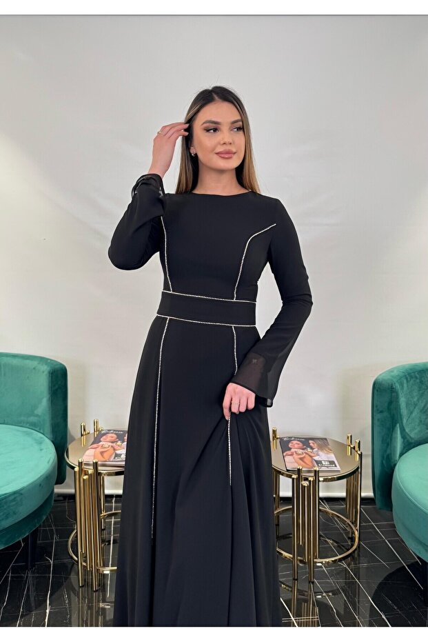 3250 ŞERİT TAŞLI ŞİFON ELBİSE - 3