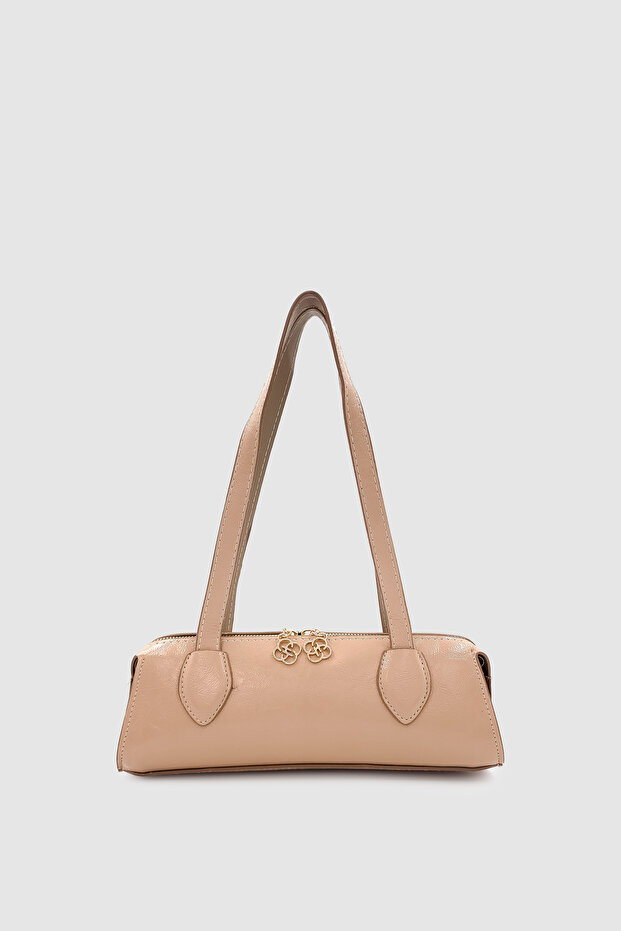 Nalya Wrinkled Textured Zippered Patent Leather Hand and Shoulder Bag Mink
