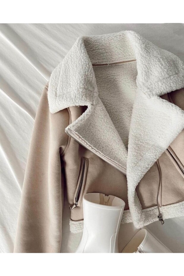 Béžová Cyklistická bunda My Bella Boutique Fur Collar Suede - 1