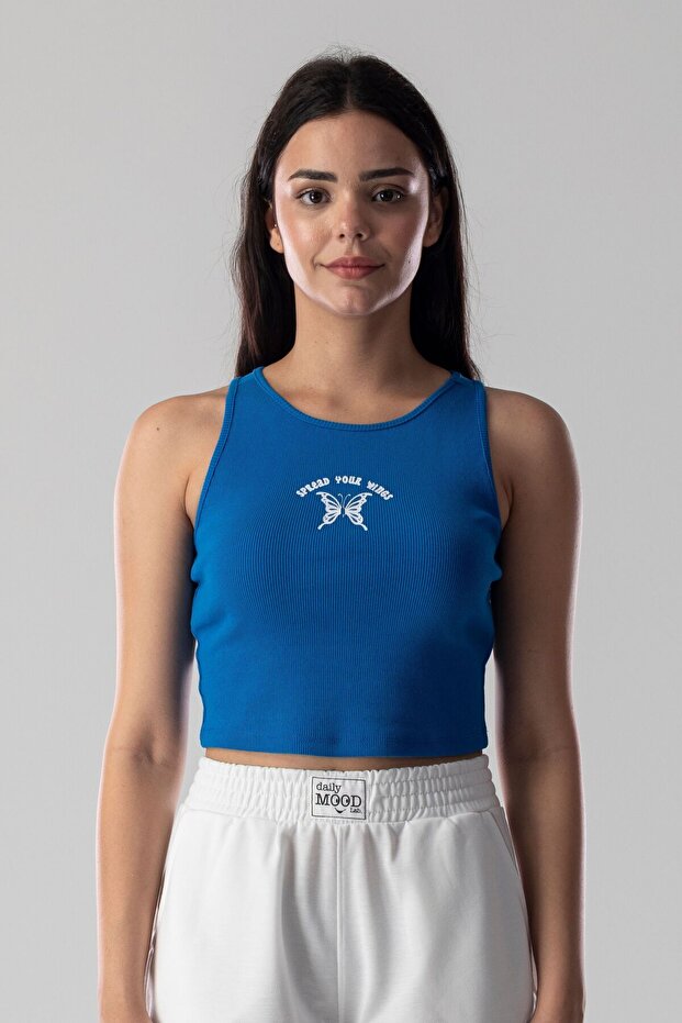 Slogan Printed Cotton Ribbed Knitted Camisole Lycra Y2K Style Crop Top