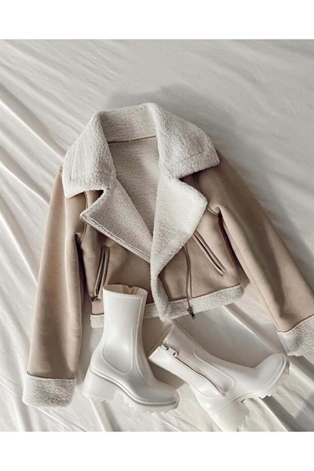 Béžová Cyklistická bunda My Bella Boutique Fur Collar Suede - 3