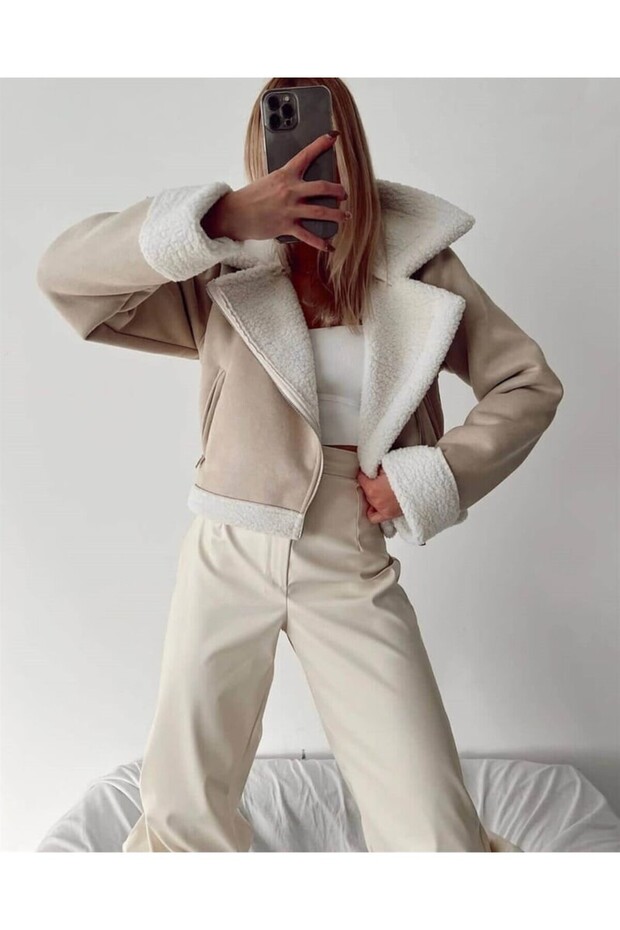 Béžová Cyklistická bunda My Bella Boutique Fur Collar Suede - 2