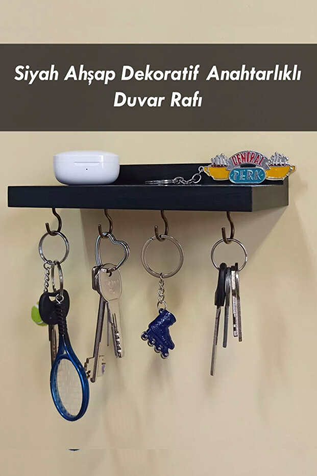 Siyah Anahtar Askısı, Ahşap Askılık, Duvar Rafı, 4 Kancalı Siyah Anahtarlık Askısı - 20 x 8 CM - 1