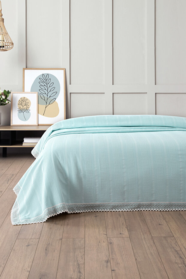 Single Two Color Lace Honeycomb Pique - Baby Blue Waffle Woven Pique - 160X230 cm