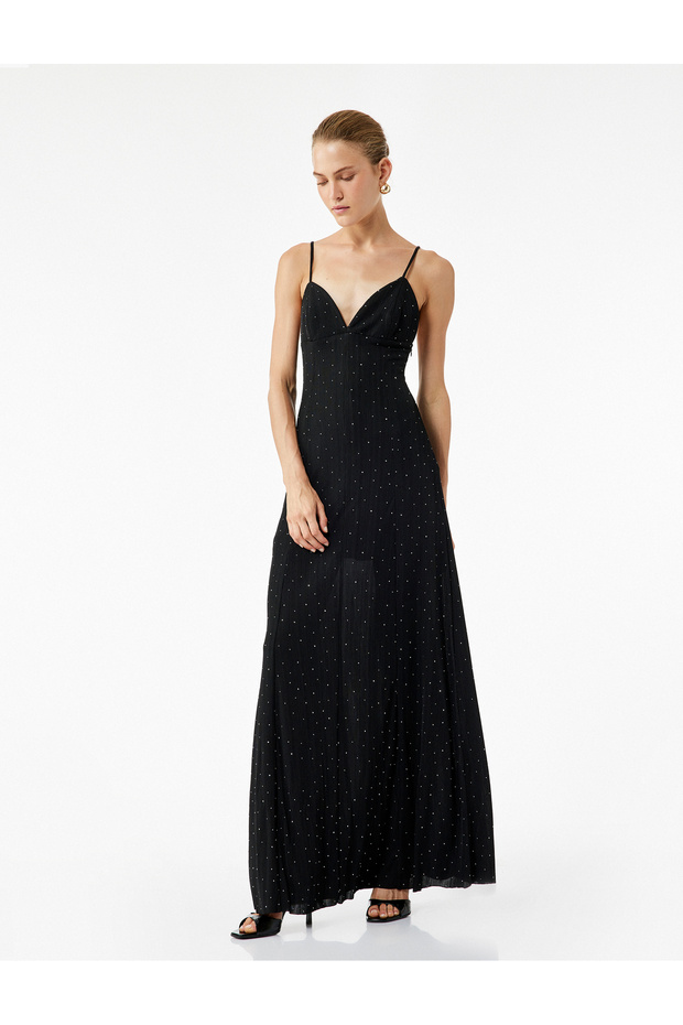 Strappy V Neck Slim Fit Slip Jewel Long Evening Dress