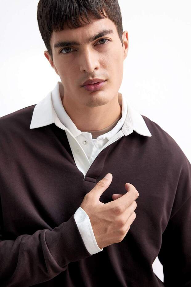 Boxy Fit Polo Yaka Basic Düz Sweatshirt E6523AX24WN - 4