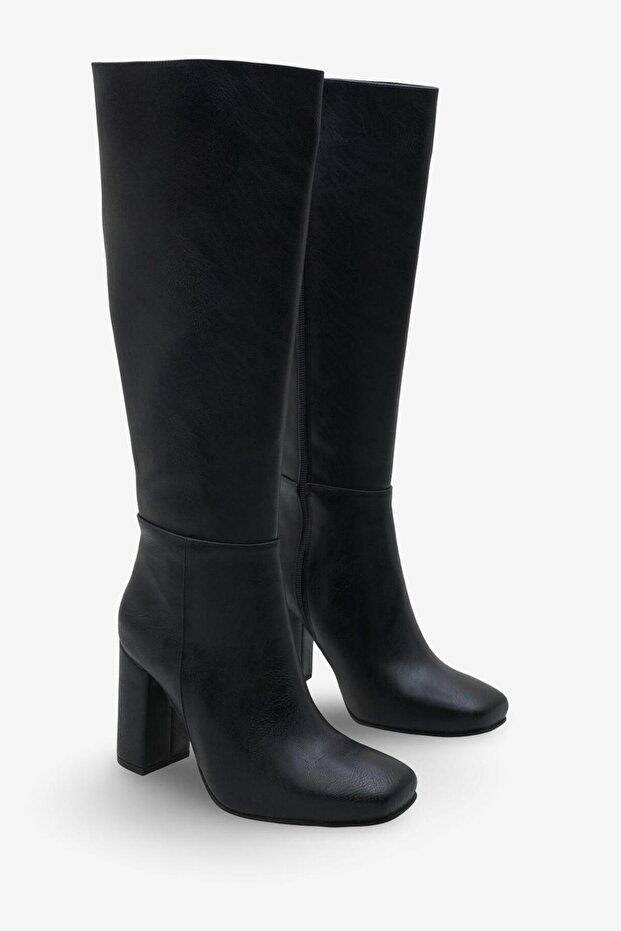 Women's Zippered Thick Heeled Boots Islor Black