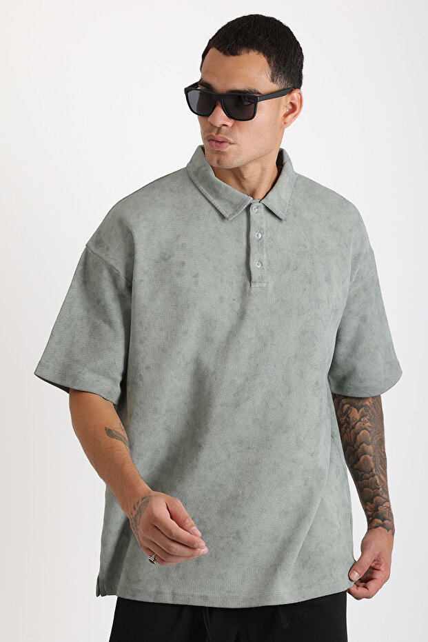 Washed Double Pique Fabric Men's Polo Neck Loose Fit T-Shirt with Tumbled Effect
