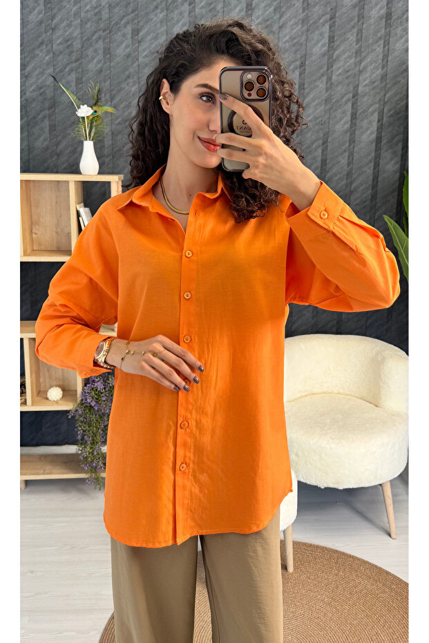 Kadın Turuncu Oversize Gömlek - 5