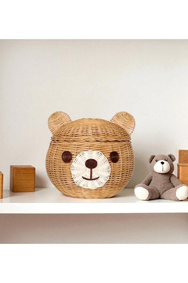 Natural Bamboo Hand-Woven Teddy Bear Basket (Rattan Bear Basket) Handmade with Lid, Storage Box