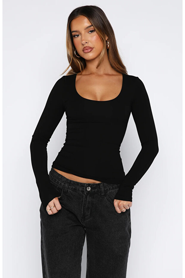 قارب الرقبة الأساسية طويلة الأكمام بلوزة الجسم الأسود - 1