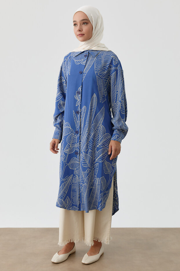 Yaprak Desenli Tunik - İndigo - 3