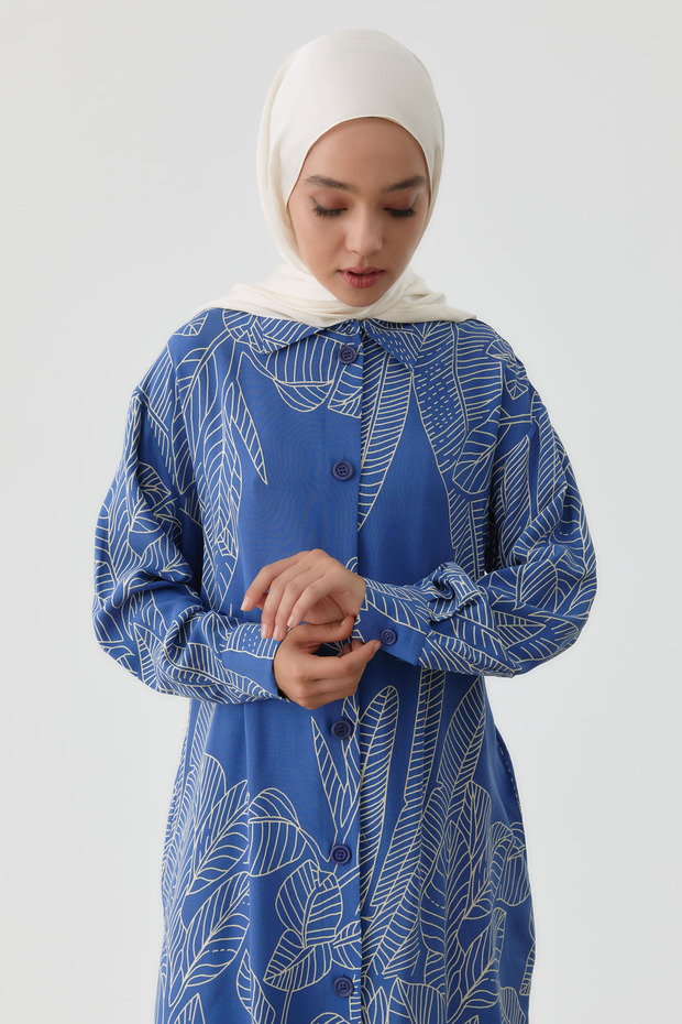 Yaprak Desenli Tunik - İndigo - 4