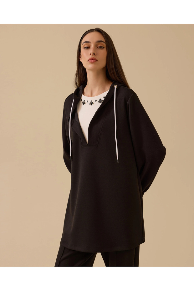 Taş Detaylı Kapüşonlu Sweatshirt - 1