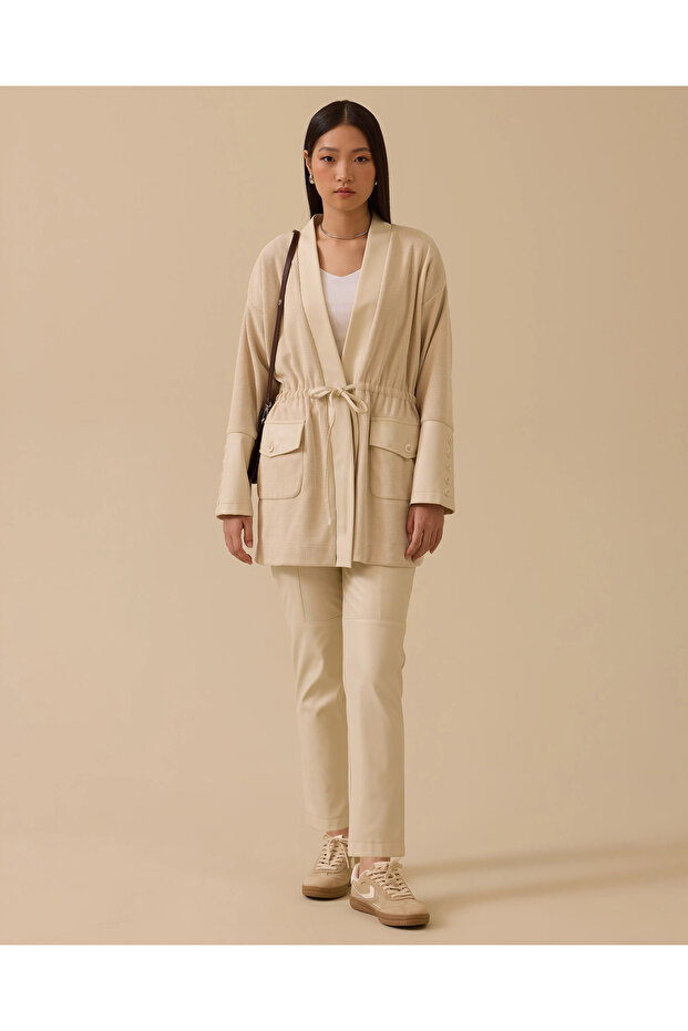 Çift Kumaşlı Bağcıklı Örme Ceket - 3