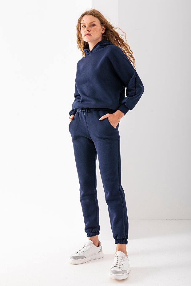 Women's Hooded 3-Strand Basic Tracksuit Set Navy Blue - 2610