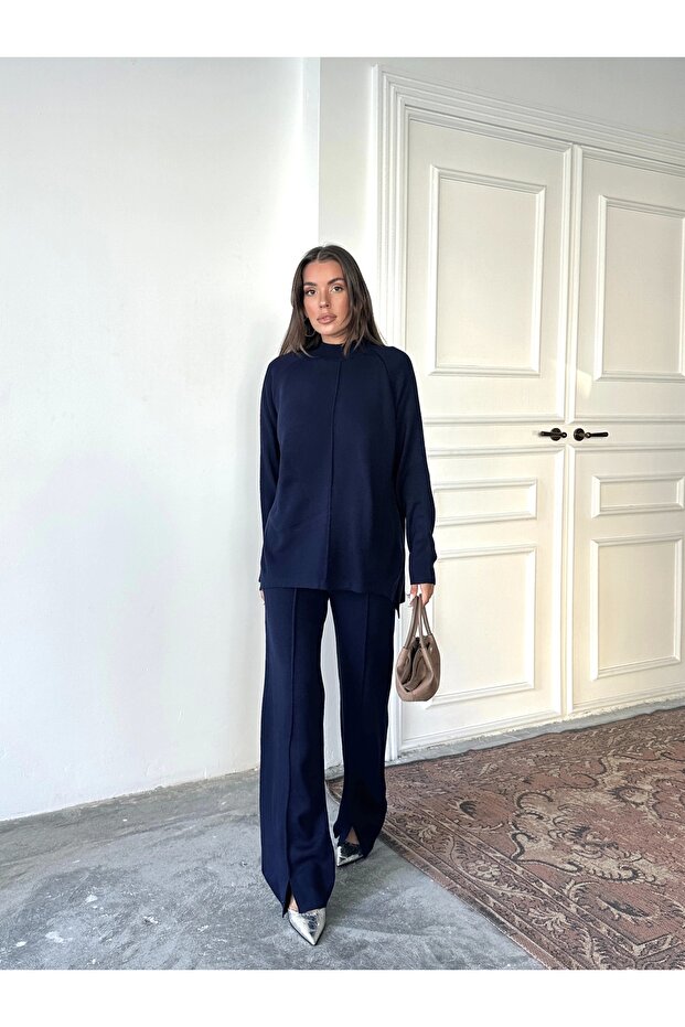Women's Half Turtleneck Sweater Pants Bottom Top Knitwear Set - Navy Blue (New Color)