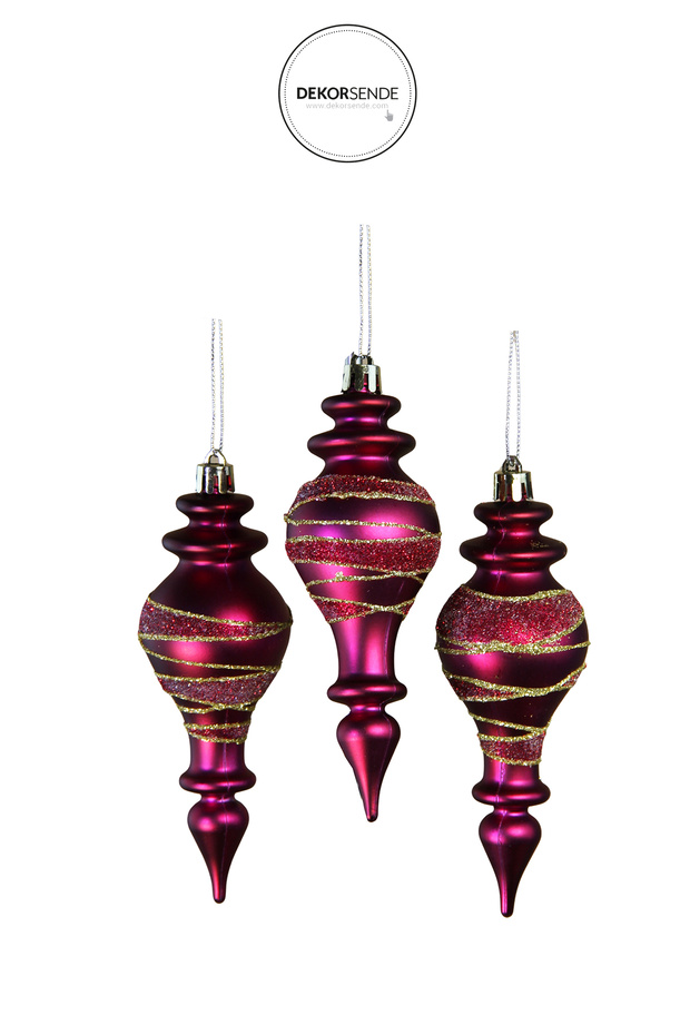 Christmas Ornament Glittery Windmill 3-Piece Ball Fuchsia 14 cm