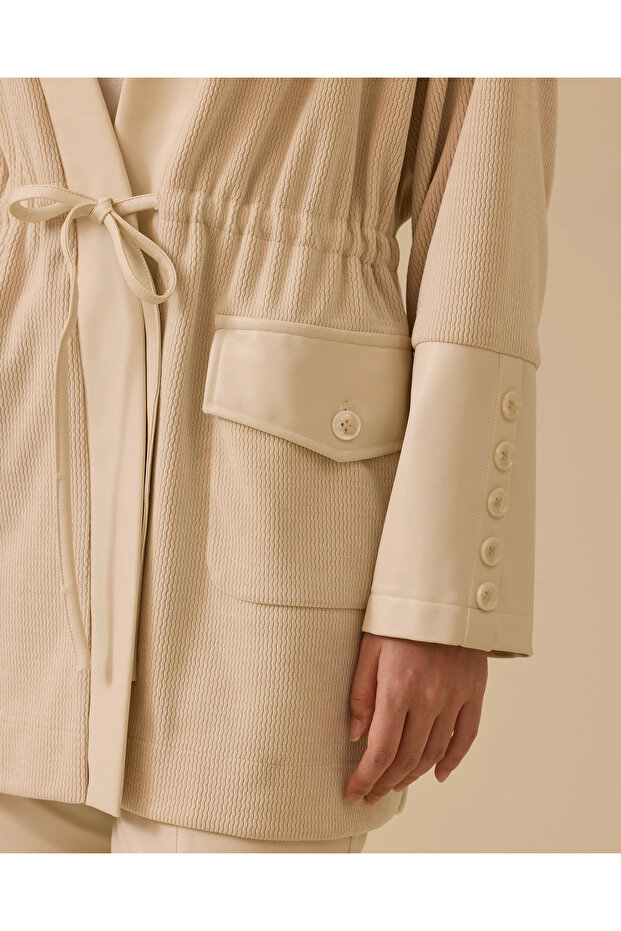 Çift Kumaşlı Bağcıklı Örme Ceket - 5