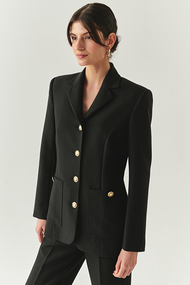 Padded Lined Slim Fit Pocket Black Jacket