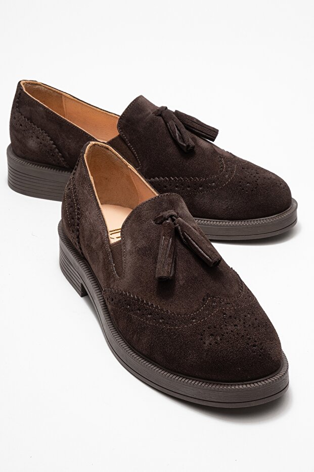 Alex Brown Suede Genuine Leather Tasseled Elastic Women's Loafer Shoes