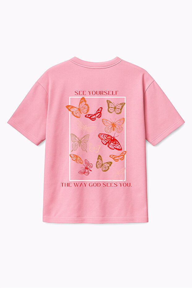 Oversize Pink Unisex Butterfly Printed T-Shirt T-Shirt