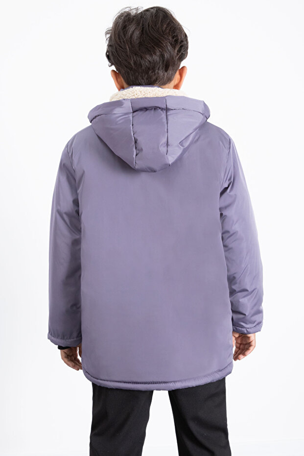 معطف منتفخ أساسي للأولاد مع فرو أنثراسيت وغطاء رأس قابل للإزالة 21443 - 7