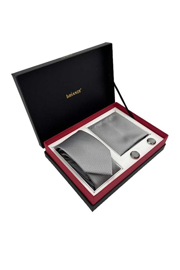 مجموعة منديل ربطة عنق رمادية وأزرار أكمام في صندوق - 2