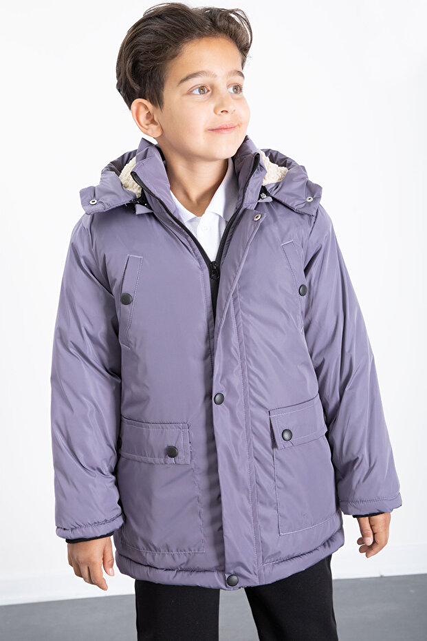 معطف منتفخ أساسي للأولاد مع فرو أنثراسيت وغطاء رأس قابل للإزالة 21443 - 3