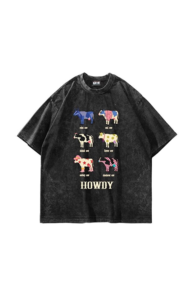 تيشيرت أسود كبير الحجم مطبوع عليه Howdy Cows للجنسين قابل للغسل