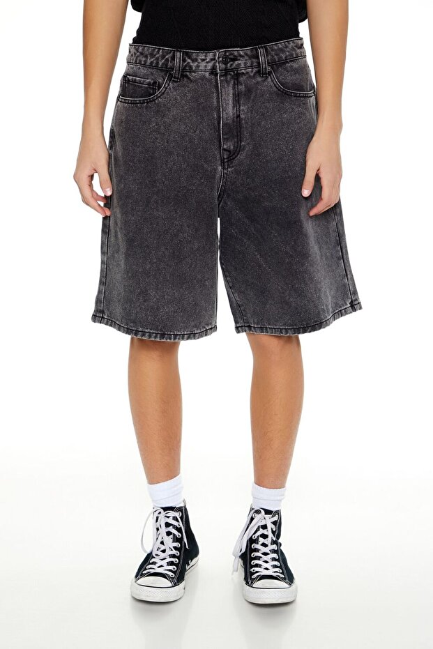 Mid-Rise Denim Baggy Şort - 4