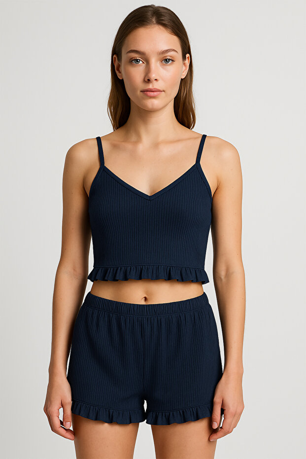 Cotton Ribbed Crop Tank Top and Ruffle Shorts Women's Pajama Set