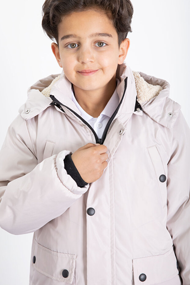 معطف منتفخ أساسي للأولاد مع فرو بيج داخلي وغطاء رأس قابل للإزالة 21441 - 6