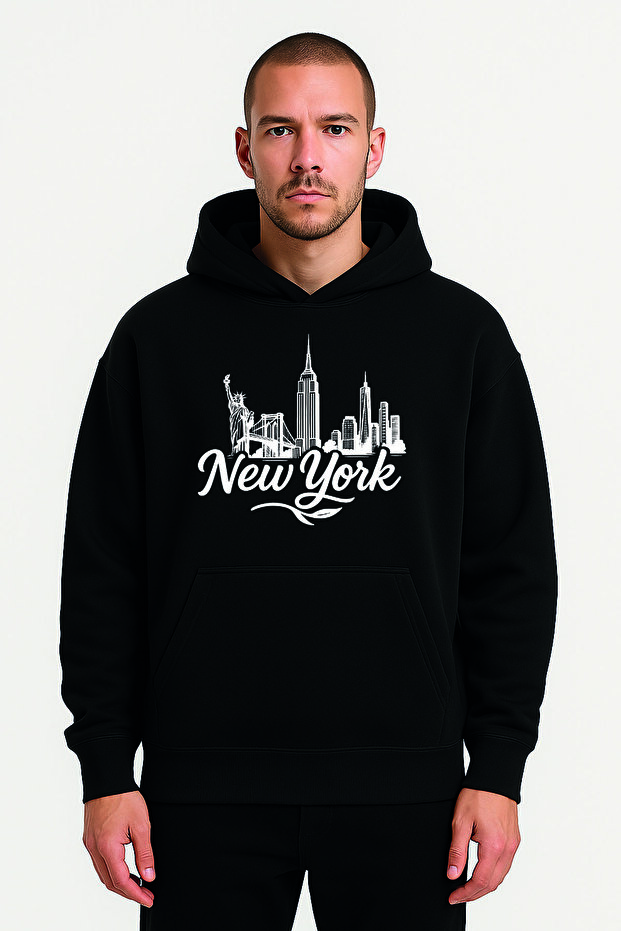 New York Printed Black Oversize Hooded Sweatshirt Hoodie