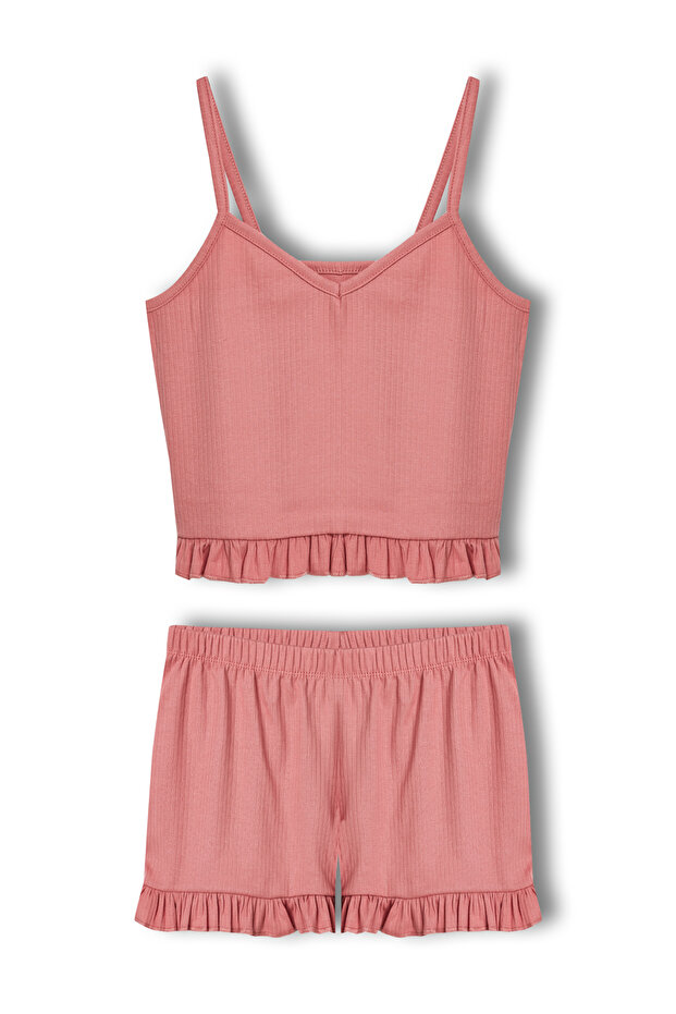 Pamuklu Fitilli Crop Atlet ve Fırfırlı Şort Kadın Pijama Takımı - 4