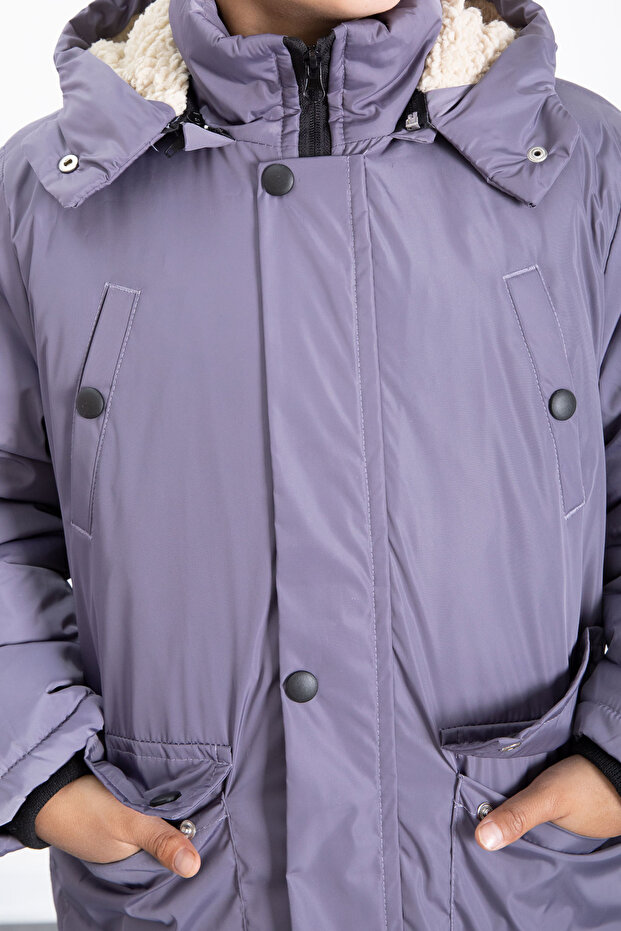 معطف منتفخ أساسي للأولاد مع فرو أنثراسيت وغطاء رأس قابل للإزالة 21443 - 8