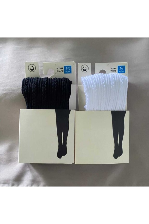 2-Piece Girls Patterned Pantyhose Knit Ted Model 80 Den Seasonal Pantyhose (Black & White)