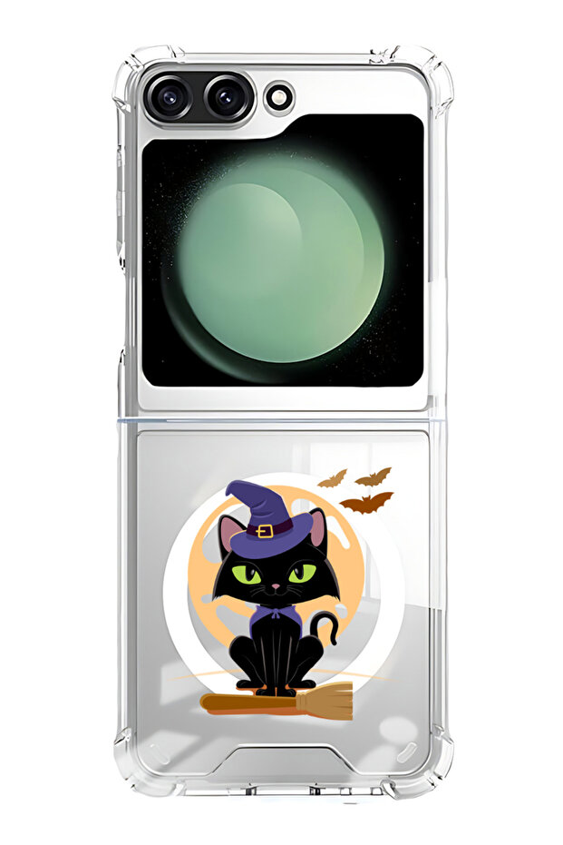 Case for Samsung Galaxy Z Flip 5 Compatible with MagSafe, Bumper Cover Cat Halloween with broom