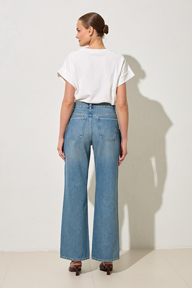 Mavi %100 Pamuk 2 Parça Görünümlü Bel Detaylı Kot Pantolon - 5