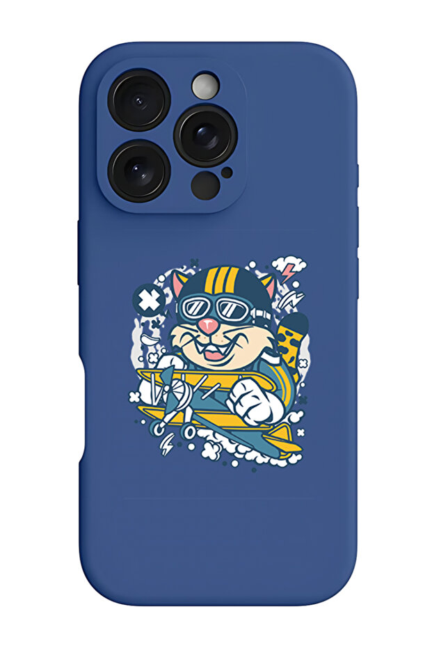 iPhone 16 Pro Max Blue Protective Liquid Silicone Shockproof Case - cat on plane