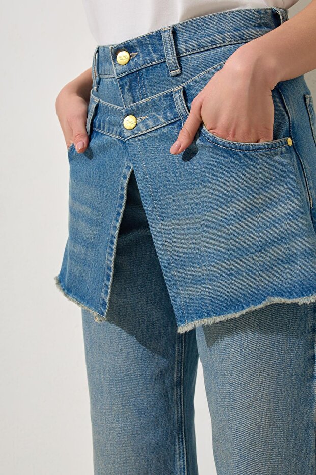 Mavi %100 Pamuk 2 Parça Görünümlü Bel Detaylı Kot Pantolon - 3