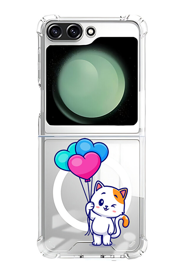 Case for Samsung Galaxy Z Flip 5 Compatible with MagSafe, Shockproof Bumper Case Cat holding Baloons