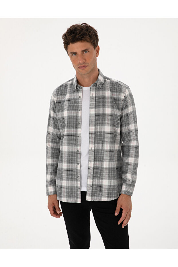 Gray Regular Fit Plaid Long Sleeve Sport Shirt 50311114-Vr024