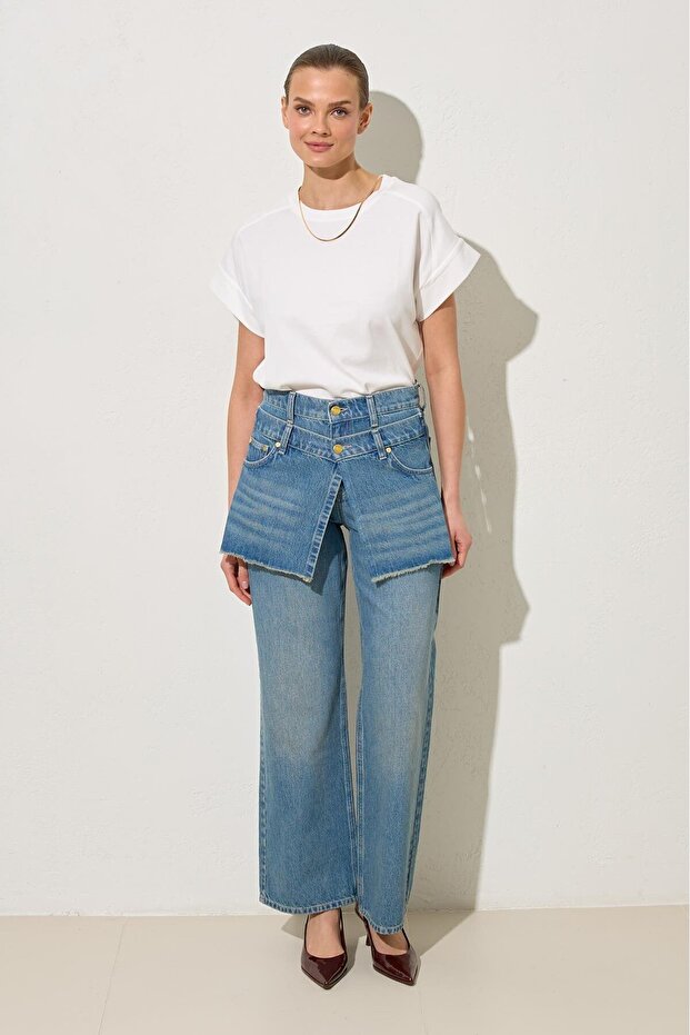 Mavi %100 Pamuk 2 Parça Görünümlü Bel Detaylı Kot Pantolon - 1