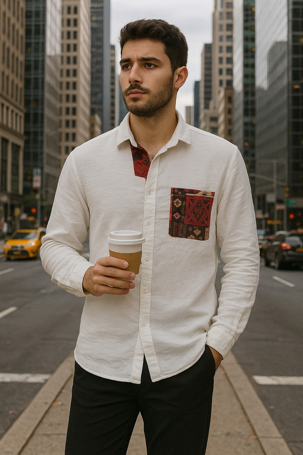 Hasır Cepli Keten Gömlek - 3