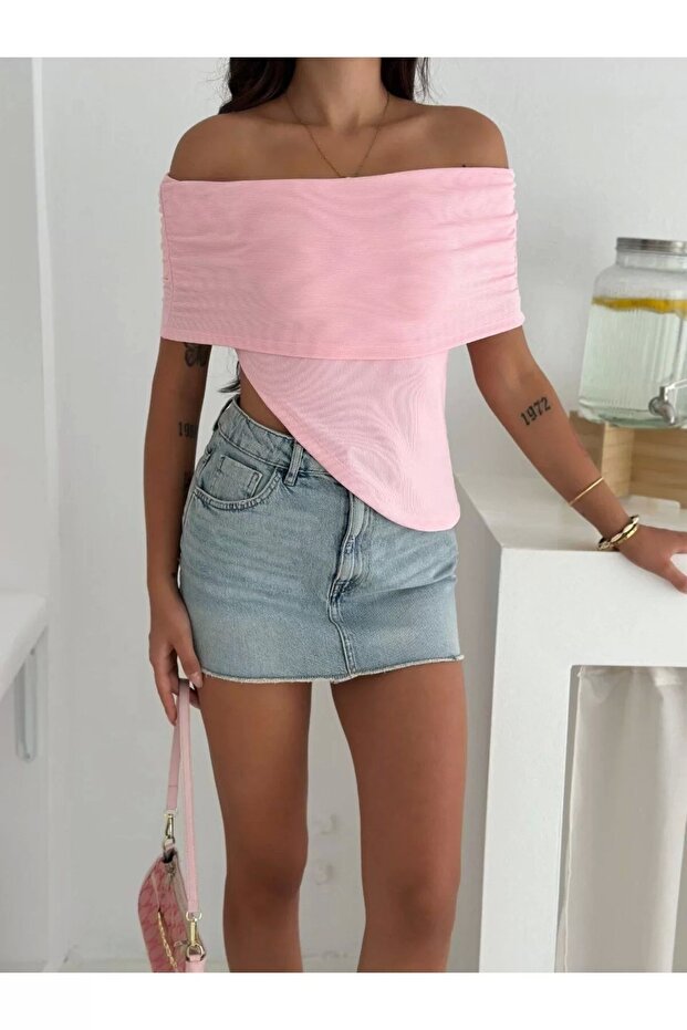 Women's Pink Carmen Neckline Off Shoulder Asymmetrical Cut Ottoman Fabric Casual Crop Blouse