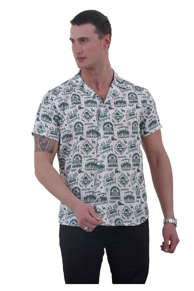 Green Camping Caravan Nature Themed Hawaiian Apaş Collar Relaxed Fit Short Sleeve Loose Shirt