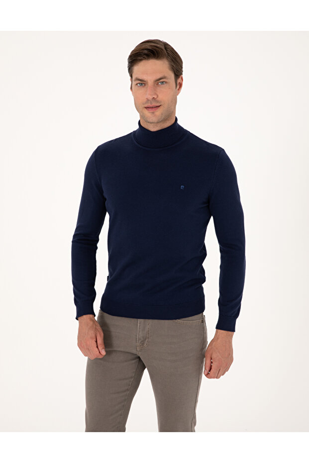 Light Navy Blue Slim Fit Turtleneck Basic Knitwear Sweater 50314202-Vr059